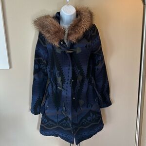 BB Dakota Navy Patterned Aztec Wool Blend Coat with Faux Fur